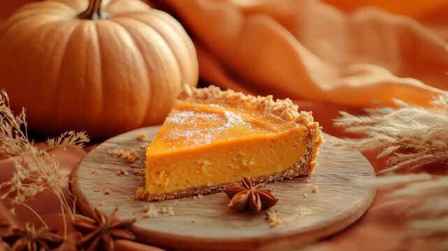 Slice of homemade pumpkin pie on wooden plate with autumn decor and spices in warm cozy setting