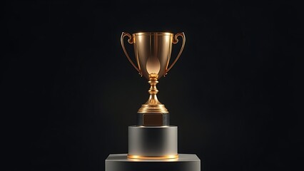 A gleaming gold trophy displayed on a pedestal, highlighted by dramatic studio lighting against darkness.