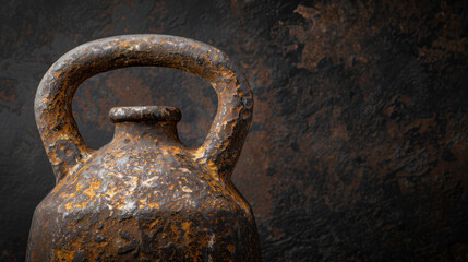 Fototapeta premium Rusty kettlebell with textured surface, showcasing its weathered appearance and unique character. dark background enhances kettlebell rugged charm, evoking sense of strength and resilience