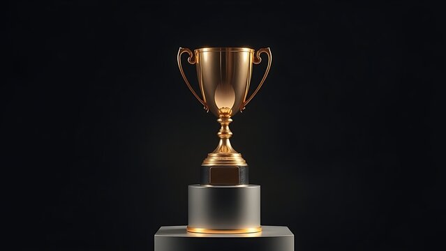 A gleaming gold trophy displayed on a pedestal, highlighted by dramatic studio lighting against darkness.