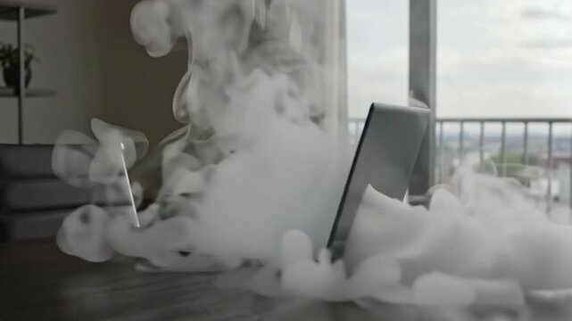 Video of a laptop emitting smoke on a modern office desk, illustrating overheating or malfunction. Perfect for tech failure ads, safety awareness, or IT service visuals