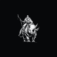 engraving illustration of a wise hermit riding on the back of a powerful rhino