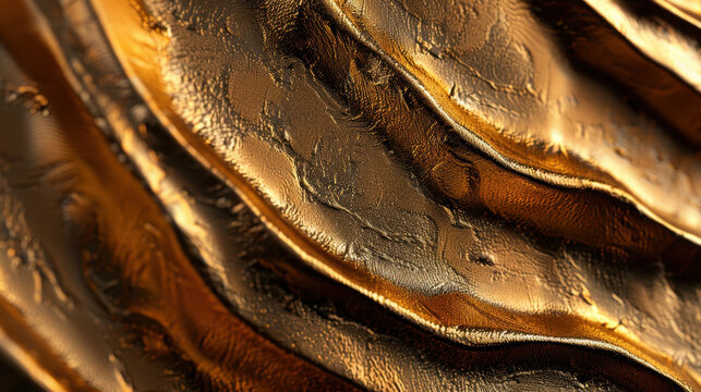 Layered gold texture with shimmering glows and intricate patterns creates luxurious and elegant appearance. smooth surface reflects light beautifully, enhancing its visual appeal - Powered by Adobe