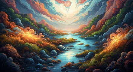 Colorful River Valley Landscape with Dreamy Clouds and Painterly Textures