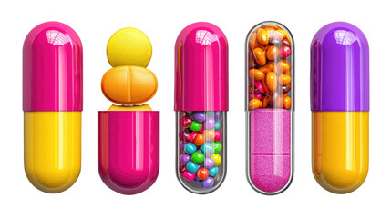 Various medications including multicolored capsules and tablets on transparent background

