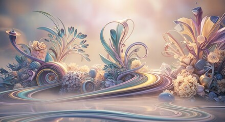 Dreamy floral arrangement with pastel colors and swirling, ethereal elements creating a surreal
