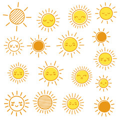 A set of hand-drawn yellow and orange sunsets. The suns are drawn in various sizes and positions.