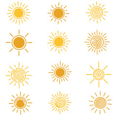 A set of hand-drawn yellow and orange sunsets. The suns are drawn in various sizes and positions.