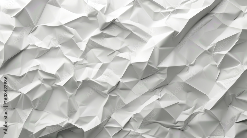 Poster crumpled white paper texture with intricate folds and shadows creates dynamic visual effect, perfect