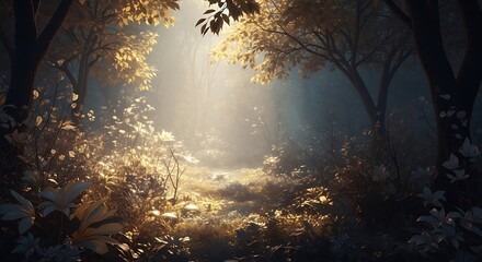 Enchanted Forest Path with Golden Light, Serene Autumnal Atmosphere and Tranquil Scenery