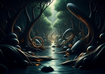 Enchanted Forest Stream with Mysterious Trees and Reflections Creates a Magical Scene