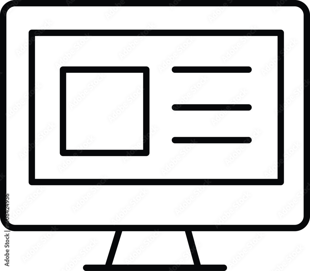 Fototapete Computer monitor screen display technology desktop outline icon web interface minimal black white modern digital device flat vector illustration electronic equipment internet communication