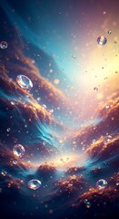 Surreal Celestial Landscape with Floating Diamonds Amidst Ethereal Clouds and Light