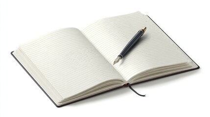 Open notebook with pen, laying flat on white background