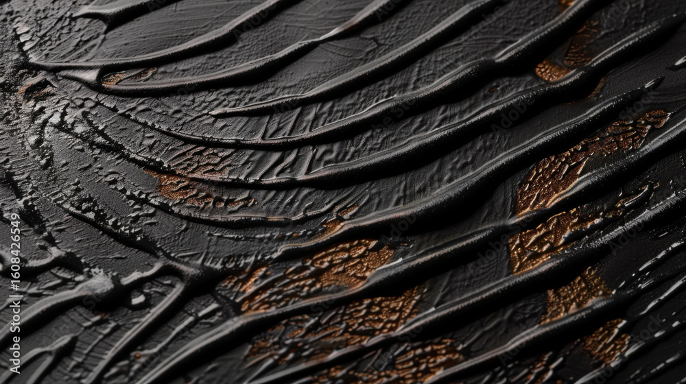 Wall mural close up view of textured surface featuring dark, flowing lines and patterns, with hints of metallic