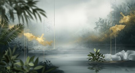 Tranquil lake with mist and golden accents in a serene landscape painting