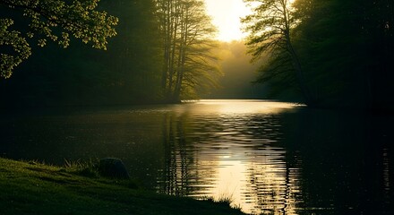 Tranquil Lake Scene at Dawn with Sun Rays and Lush Forest Backdrop enhancing serenity
