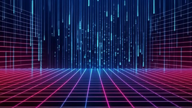 Glowing binary code and shiny blue lines on a colorful vector backdrop create a bright, digital technology pattern