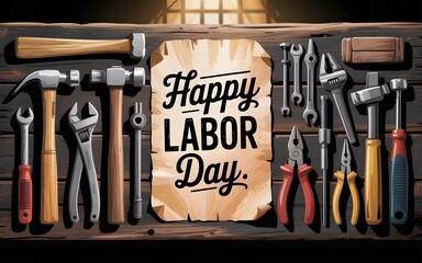 Happy Labor Day greeting with tools on rustic wooden background work construction