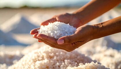 Hands holding coarse sea salt