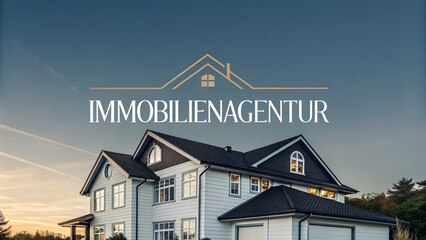 Immobilienagentur branding text on a professional real estate backdrop futuristic metallic theme logo-like design includes free area for agency details ideal for housing promotions and property