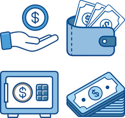 Blue line art illustrations representing money, finance, savings, wallets, and banking systems