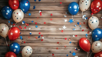 a patriotic Labor Day background with red, white, and blue balloons, confetti, and stars scattered over wooden planks