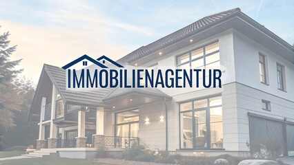 Immobilienagentur word on image of house and futuristic background has logo appearance with text zone for promotion ideal for real estate brokers rental agencies or home buying campaigns