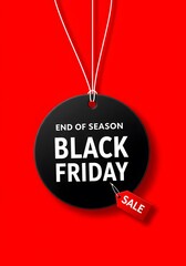 Black friday sale tag circle banner and the rope hanging on red background, hanging from white strings, a vibrant red background. A minimalist graphic design for Black Friday. large black circular tag