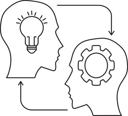 Concept of Idea Sharing and Collaborative Problem Solving, Represented by Interacting Minds with a Lightbulb and Gear