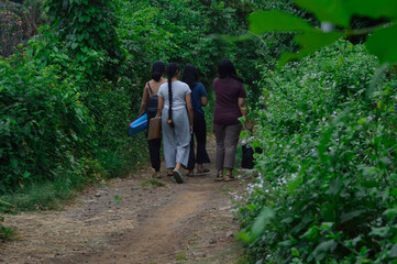 Framed by soft green leaves in the foreground, the girls stroll quietly along the path, enjoying a...