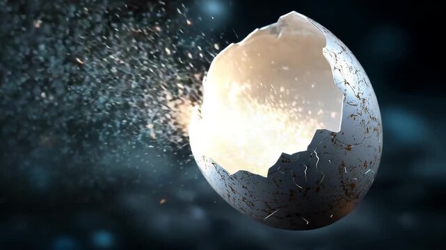Cracked eggshell with a lot of sparks flying out of it. The egg is white and the shell is broken. symbolic eggshell cracking with microscopic bacteria floating out, salmonella outbreak