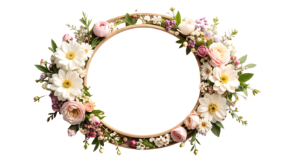 A circular wooden frame adorned with a vibrant arrangement of pastel pink, white, and light purple flowers and greenery isolated on transparent background.