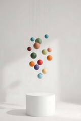 The minimalist art installation features colorful spheres suspended by thin strings, suspended above a white pedestal, set against a clean, light background with soft shadows.