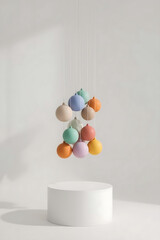 The minimalist art installation features colorful spheres suspended by thin strings, suspended above a white pedestal, set against a clean, light background with soft shadows.