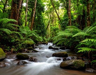 Obraz premium Lush rainforest creek flowing through dense foliage