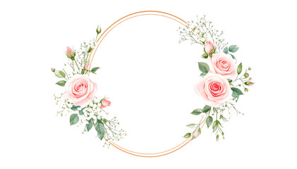 Elegant floral wreath design featuring delicate pink roses and greenery isolated on transparent background.