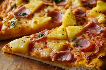 Gourmet pizza with pineapple, ham, cheese and seasoning.