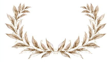 Golden wreath frame with watercolor leaves, elegant and symmetrically arranged.
