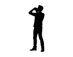 Silhouette of man enjoying a drink. Suitable for beverage ads, lifestyle blogs, cafe promotions, mindfulness content, and wellness websites.