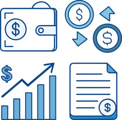 Financial icons representing money wallet transactions growth and business documents in vector illustration