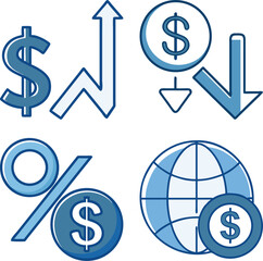 Financial icons representing growth decline global finance investments business profit and percentage