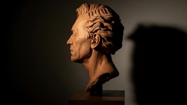 Detailed Clay Bust Sculpture of an Elderly Man's Head on a Pedestal
