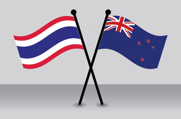 Crossed Flags of Thailand and NewZealand Waving Flags Flat Style. Official Proportion.