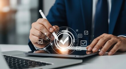 Augmented reality in business efficiency. Digital approval with stylus and tablet. Modern office tech with floating checkmark.