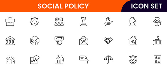 Social policy vector line icons featuring equality, justice, welfare, community support, legislation, rights, advocacy, diversity, and public services concepts.