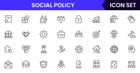 Social policy vector line icons featuring equality, justice, welfare, community support, legislation, rights, advocacy, diversity, and public services concepts.