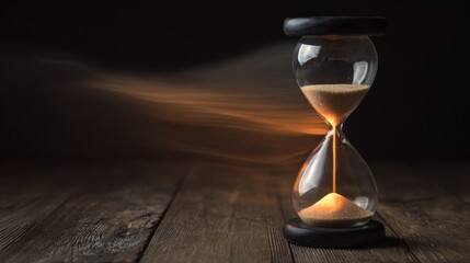 A close-up of an hourglass with flowing sand on wood, symbolizing the passage of time with warm lighting.
