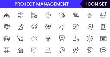 Project management vector line icons featuring timelines, tasks, teams, goals, milestones, reports, collaboration, resources, planning, and progress tracking elements.