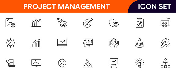 Project management vector line icons featuring timelines, tasks, teams, goals, milestones, reports, collaboration, resources, planning, and progress tracking elements.
